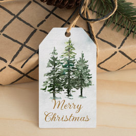 Waterverf rustieke bos pijnbomen kerst cadeaulabel