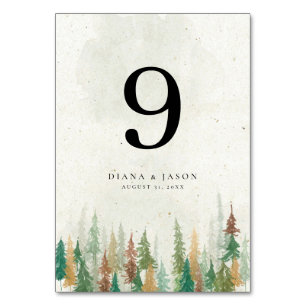 Waterverf Rustieke bos pijnbomen tafelnummer