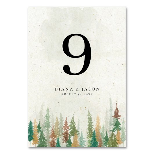 Waterverf Rustieke bos pijnbomen tafelnummer (Achterkant)