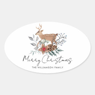 Waterverf Rustieke Botanische Hert Kerst Vakantie Ovale Sticker