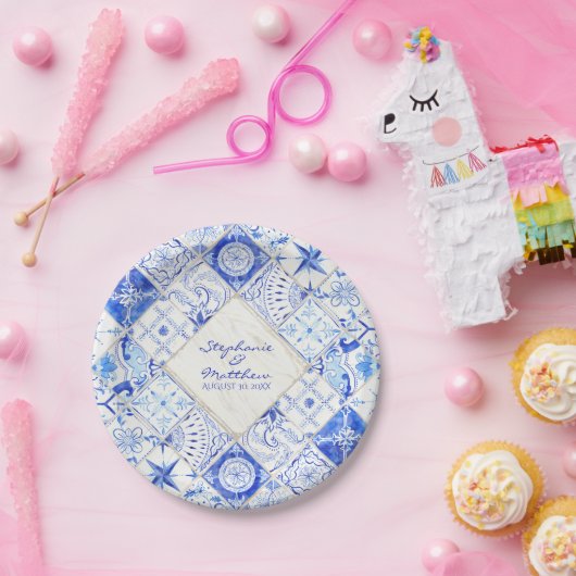 Waterverf Rustieke Country Blue White Tegel Diamon Papieren Bordje (Feest)