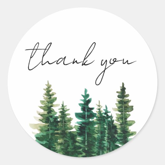 Waterverf rustieke dennenbomen dank u ronde sticker (Voorkant)