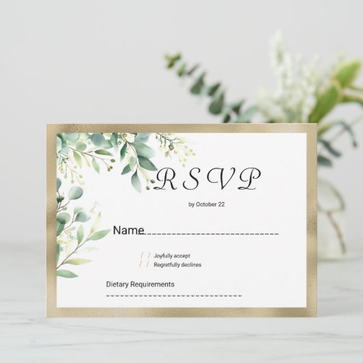 Waterverf rustieke eucalyptus groen goud RSVP Kaart (Staand voorkant)