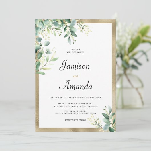 Waterverf rustieke eucalyptus groen gouden bruilof kaart (Staand voorkant)