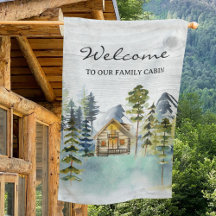 Waterverf rustieke Foggy Forest Mountain Cabin