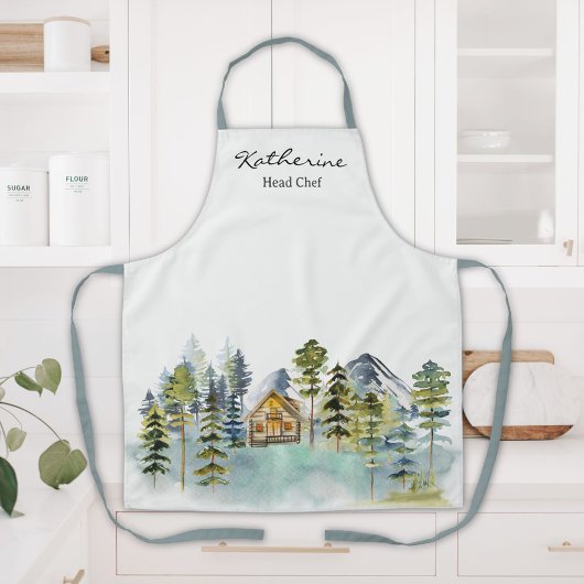 Waterverf rustieke Foggy Forest Mountain Cabin Schort