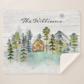 Waterverf rustieke Foggy Forest Mountain Cabin Sherpa Deken (Voorkant (horizontaal))