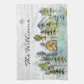 Waterverf rustieke Foggy Forest Mountain Cabin Theedoek (Verticaal)