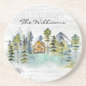 Waterverf rustieke Foggy Forest Mountain Cabin Zandsteen Onderzetter (Voorkant)