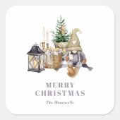 Waterverf rustieke gnoom vakantie vierkante sticker (Voorkant)