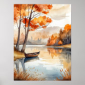 Waterverf Rustieke Herfst Herfst Trees Lake Rowboa Poster (Voorkant)