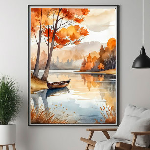 Waterverf Rustieke Herfst Herfst Trees Lake Rowboa Poster