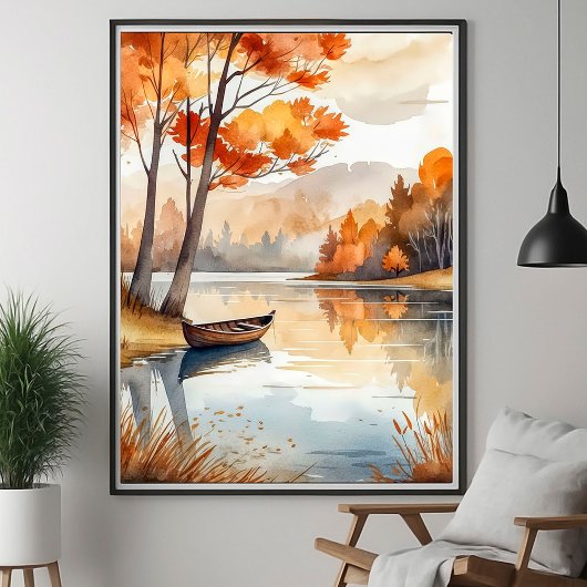 Waterverf Rustieke Herfst Herfst Trees Lake Rowboa Poster