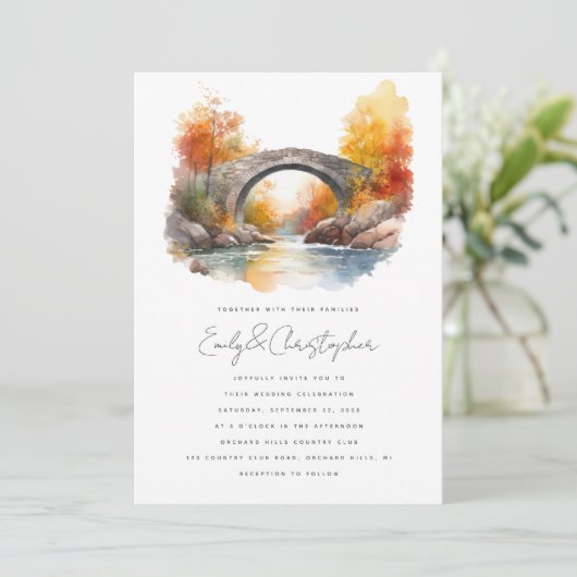 Waterverf rustieke herfstbrug bruiloft kaart (Staand voorkant)