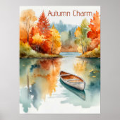 Waterverf rustieke herfstmeer met roeiboot en bome poster (Voorkant)