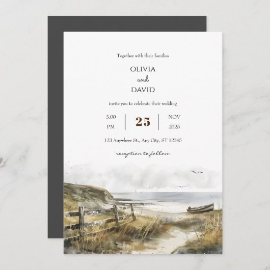 Waterverf rustieke kustveld kunst strand bruiloft kaart (Voorkant / Achterkant)