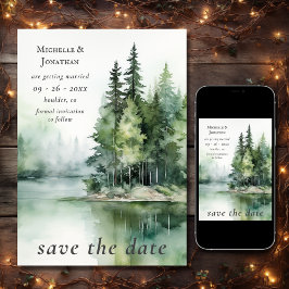Waterverf rustieke Lake Woodland bos bruiloft Save The Date