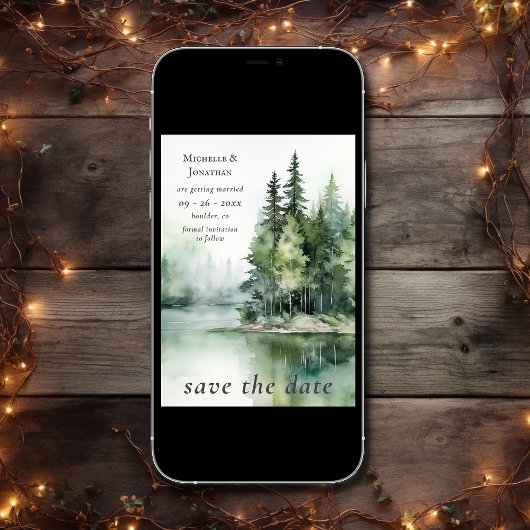 Waterverf rustieke Lake Woodland bos bruiloft Save The Date