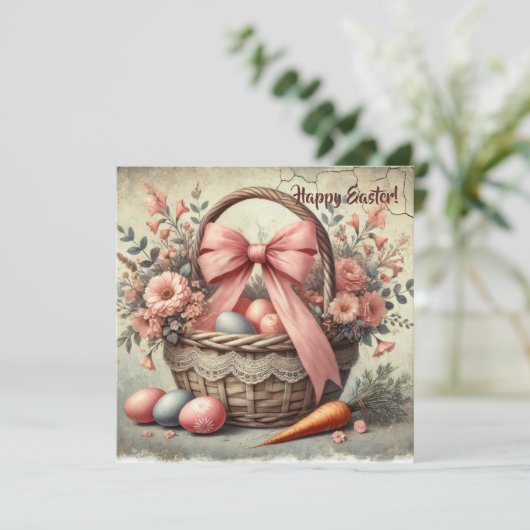 Waterverf  rustieke mand met pasteleieren feestdagenkaart (Staand voorkant)