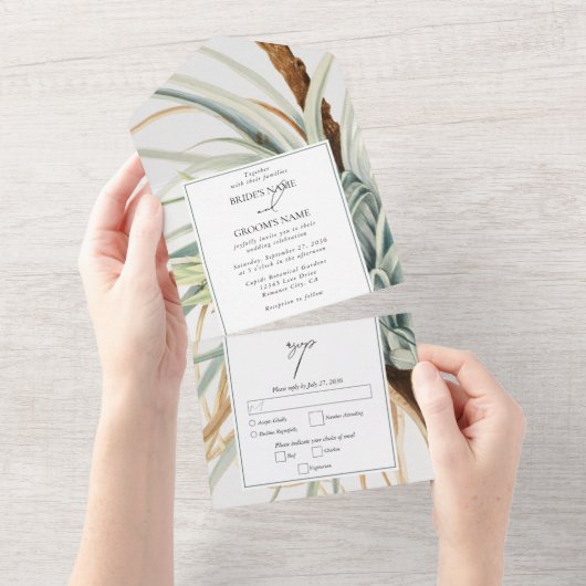 Waterverf rustieke neutraal boho botanische bruilo all in one uitnodiging (Afscheurbaar)