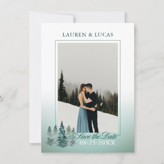 Waterverf Rustieke Pijnspar Bomen FOTO Bruiloft Save The Date (Voorkant)