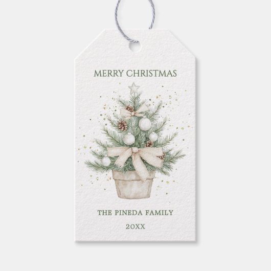 Waterverf rustieke potkerstboom cadeaulabel (Voorkant)