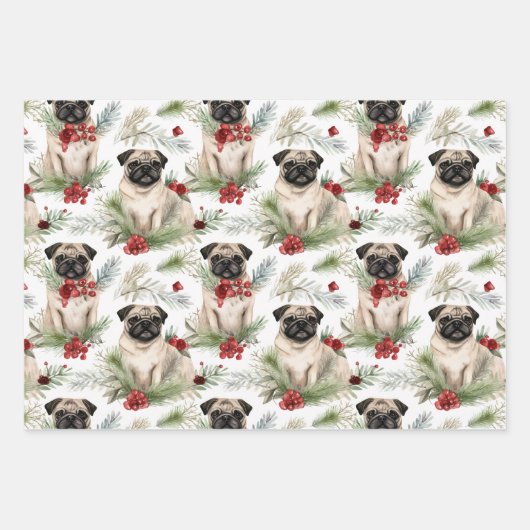 Waterverf rustieke pug kerst inpakpapier vel (Voorkant)