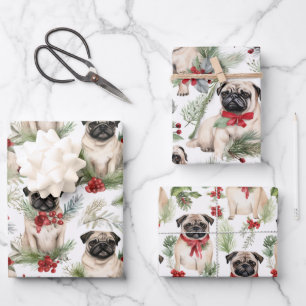 Waterverf rustieke pug kerst inpakpapier vel
