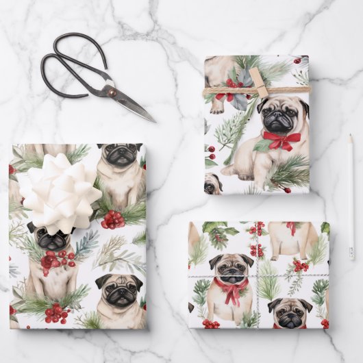 Waterverf rustieke pug kerst inpakpapier vel (Voorkant)