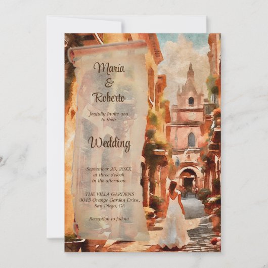 Waterverf rustieke stad mexicaanse bruiloft uitnod kaart (Voorkant)