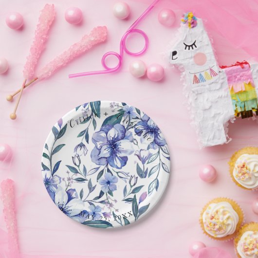 Waterverf rustieke stoffige blauwe bloemenbruiloft papieren bordje (Feest)