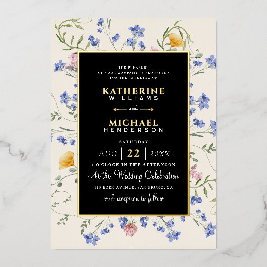 Waterverf Rustieke wilde bloemen weide bruiloft Folie Uitnodiging (Voorkant)