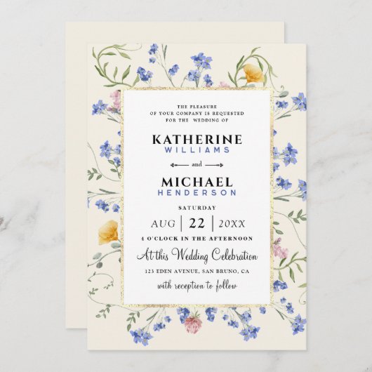 waterverf Rustieke wilde bloemen weide Folie bruil Kaart (Voorkant / Achterkant)