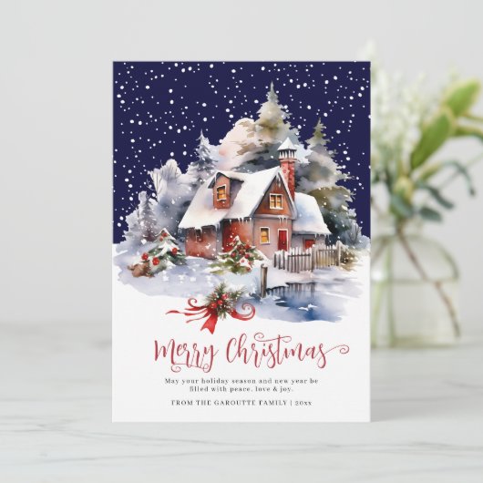 Waterverf rustieke winter 3 foto Vrolijk kerstfees Feestdagenkaart (Staand voorkant)