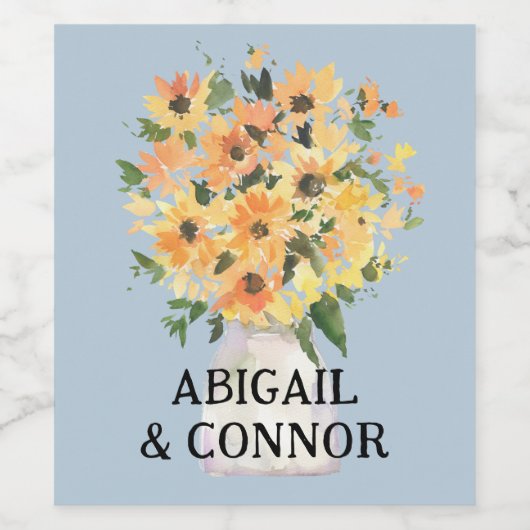 Waterverf Rustige zonnebloem Bouquet Wijn Etiket (Enkel label)