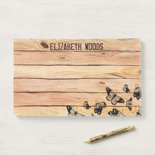 Waterverf Rustisch hout met Butterflies Naam toevo Post-it® Notes (Op bureau)