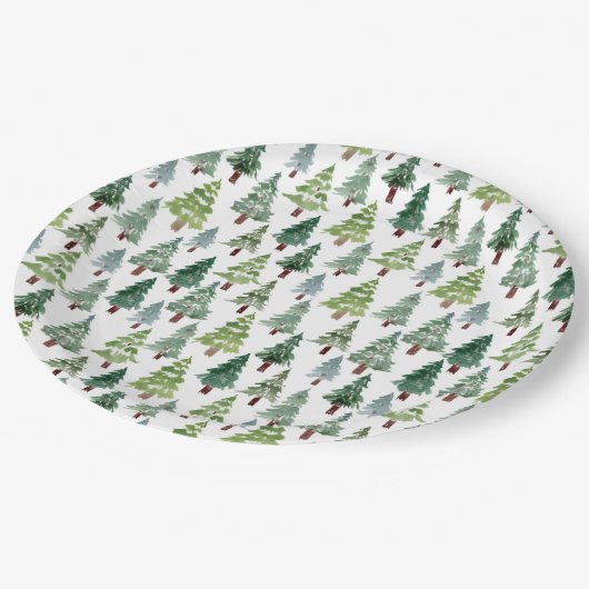 Waterverf Rustische pijnboom Winterbos Papieren Bordje (Gekanteld)