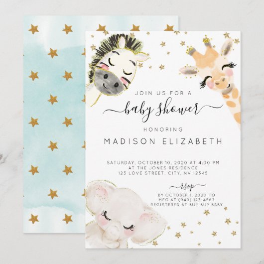 Waterverf Safari Animal Baby shower Uitnodiging (Voorkant / Achterkant)