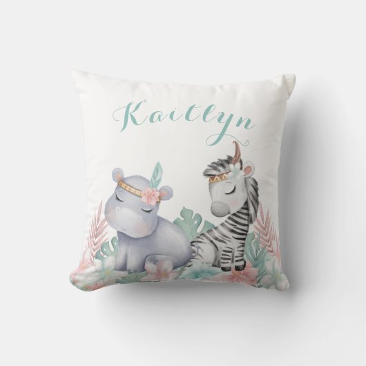 Waterverf Safari Animals Baby Nursery Girl Kussen (Voorkant)