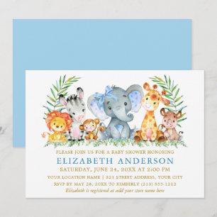 Waterverf Safari Animals Baby shower Blue Bow Kaart