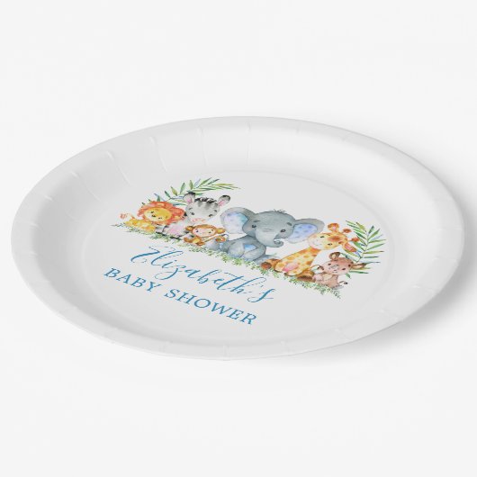 Waterverf Safari Animals Baby shower Blue Papieren Bordje (Gekanteld)