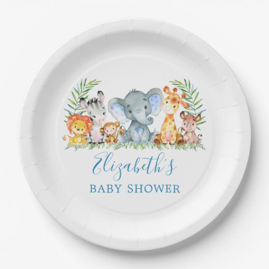 Waterverf Safari Animals Baby shower Blue Papieren Bordje (Voorkant)
