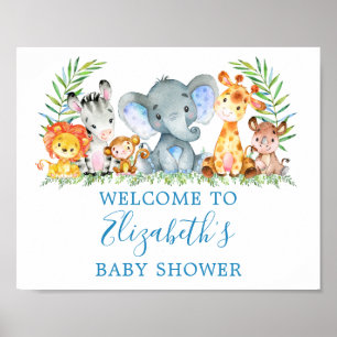 Waterverf Safari Animals Baby shower Blue Poster