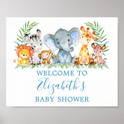 Waterverf Safari Animals Baby shower Blue Poster (Voorkant)