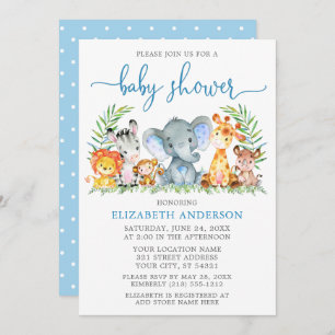 Waterverf Safari Animals Baby shower Blue Script Kaart