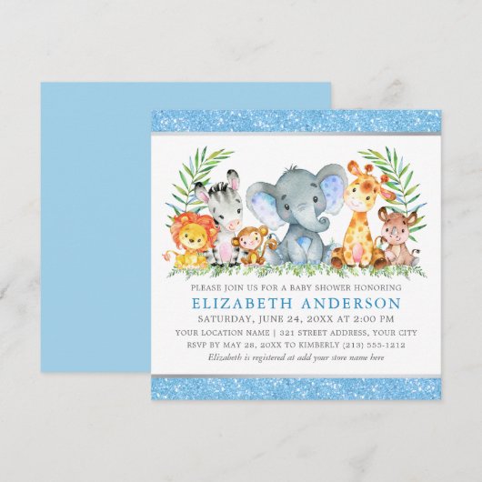 Waterverf Safari Animals Baby shower Blue Square Kaart (Voorkant / Achterkant)
