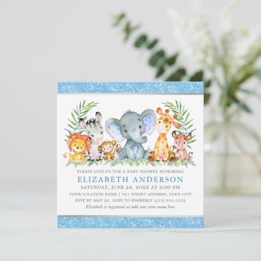 Waterverf Safari Animals Baby shower Blue Square Kaart (Staand voorkant)