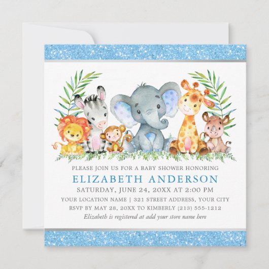 Waterverf Safari Animals Baby shower Blue Square Kaart (Voorkant)