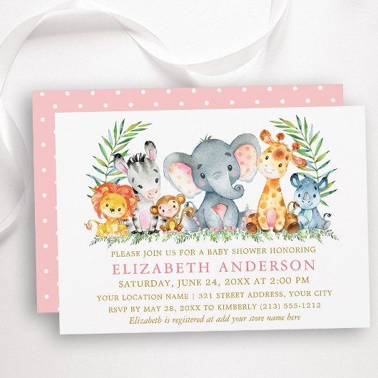 Waterverf Safari Animals Baby shower Gold Pink Kaart