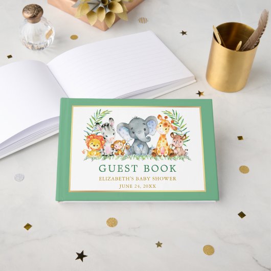 Waterverf Safari Animals Baby shower Green Gastenboek (Voorkant open)